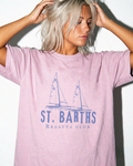 Woman wearing Edit Inc. St. Barths Regatta graphic tee in Blossom.